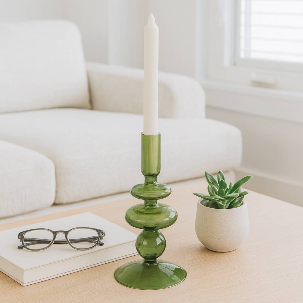 Glass Vintage Bubble Taper Candle Holder - Green, 7 in.