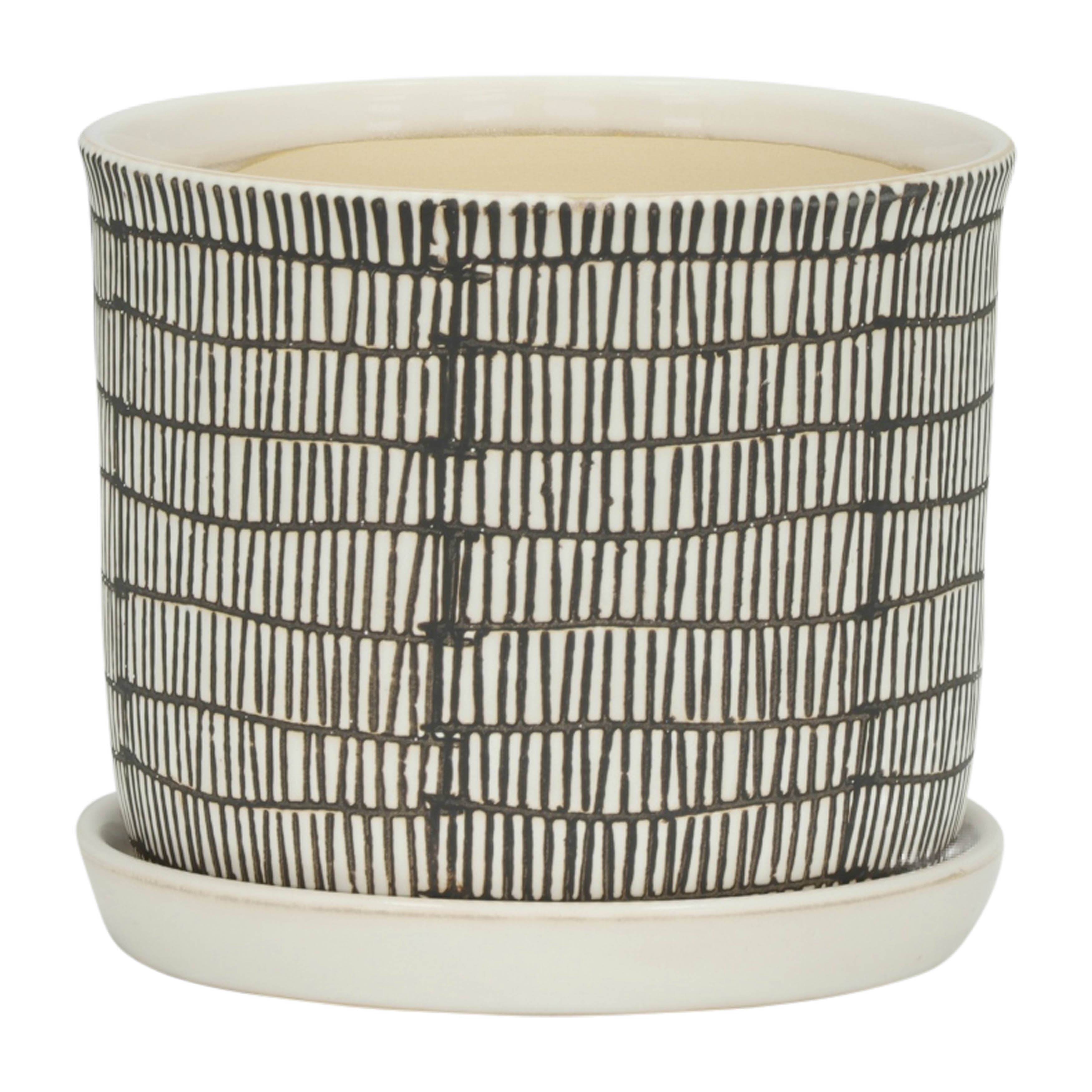 Ceramic Line Saucer Planter Pot Set of 2 - Beige, 6/8 in.