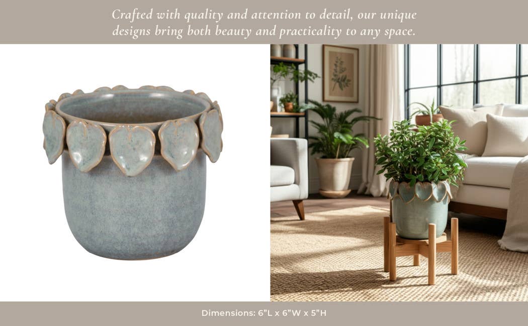 Ceramic Handcrafted Leaf Applique Planter - Seafoam, 6 in.