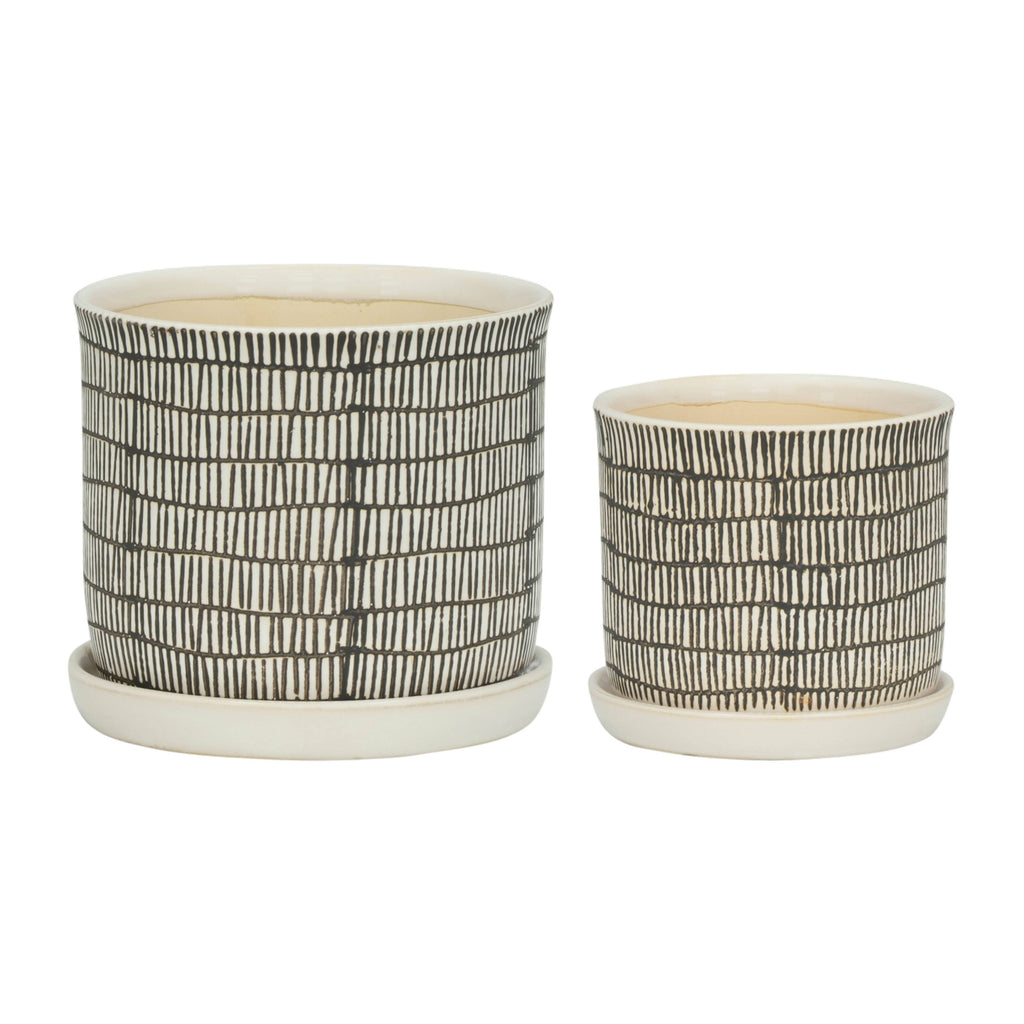 Ceramic Line Saucer Planter Pot Set of 2 - Beige, 6/8 in.