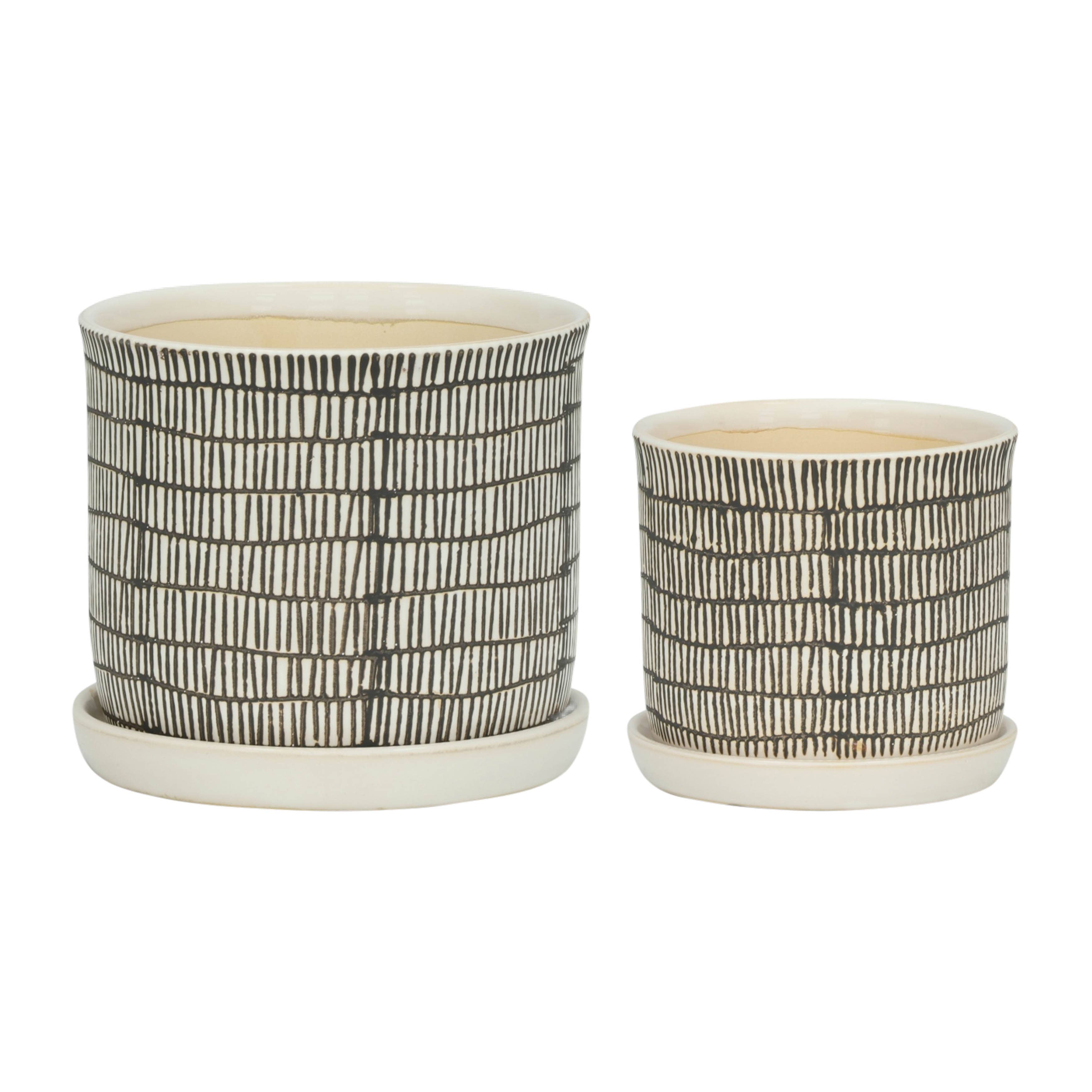 Ceramic Line Saucer Planter Pot Set of 2 - Beige, 6/8 in.