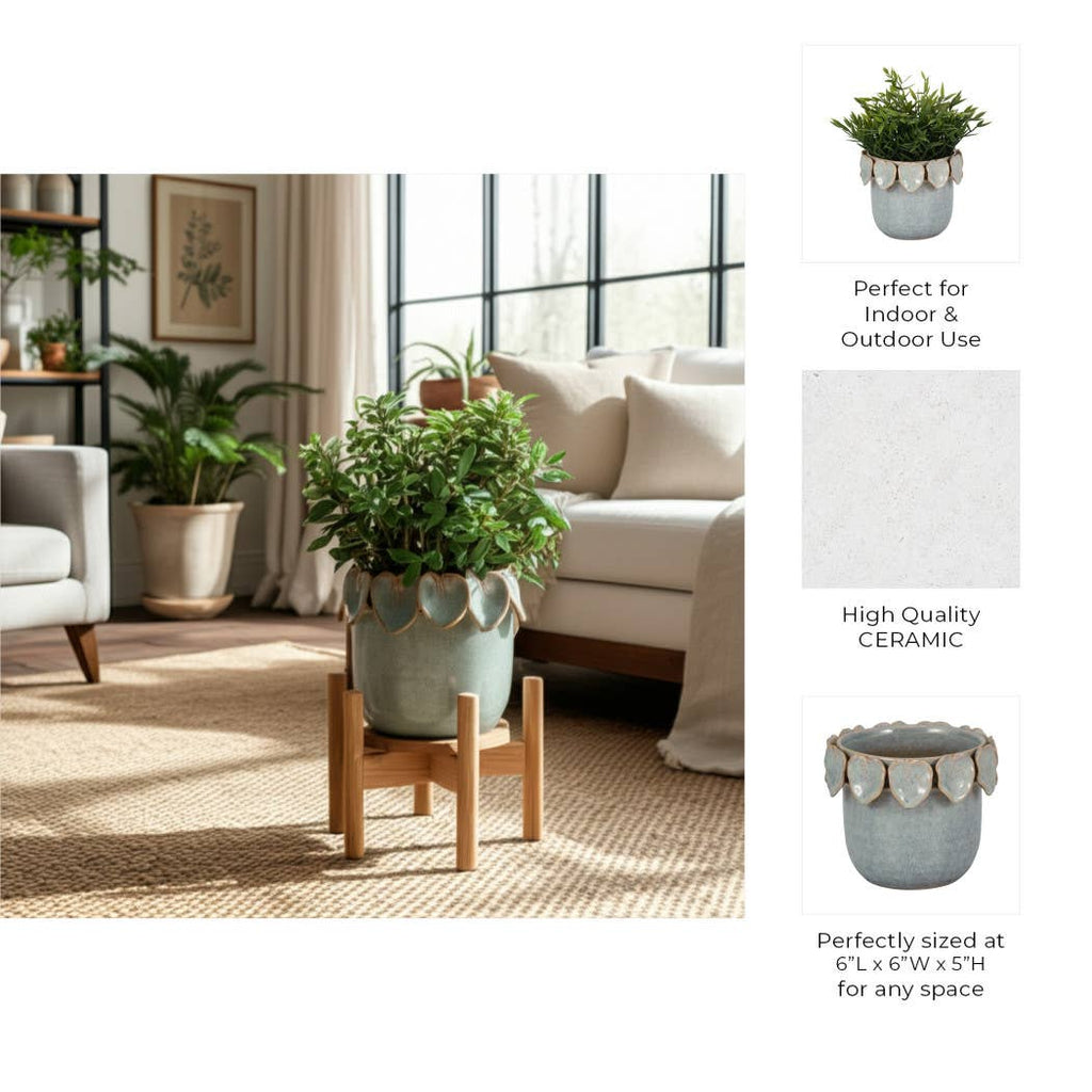 Ceramic Handcrafted Leaf Applique Planter - Seafoam, 6 in.