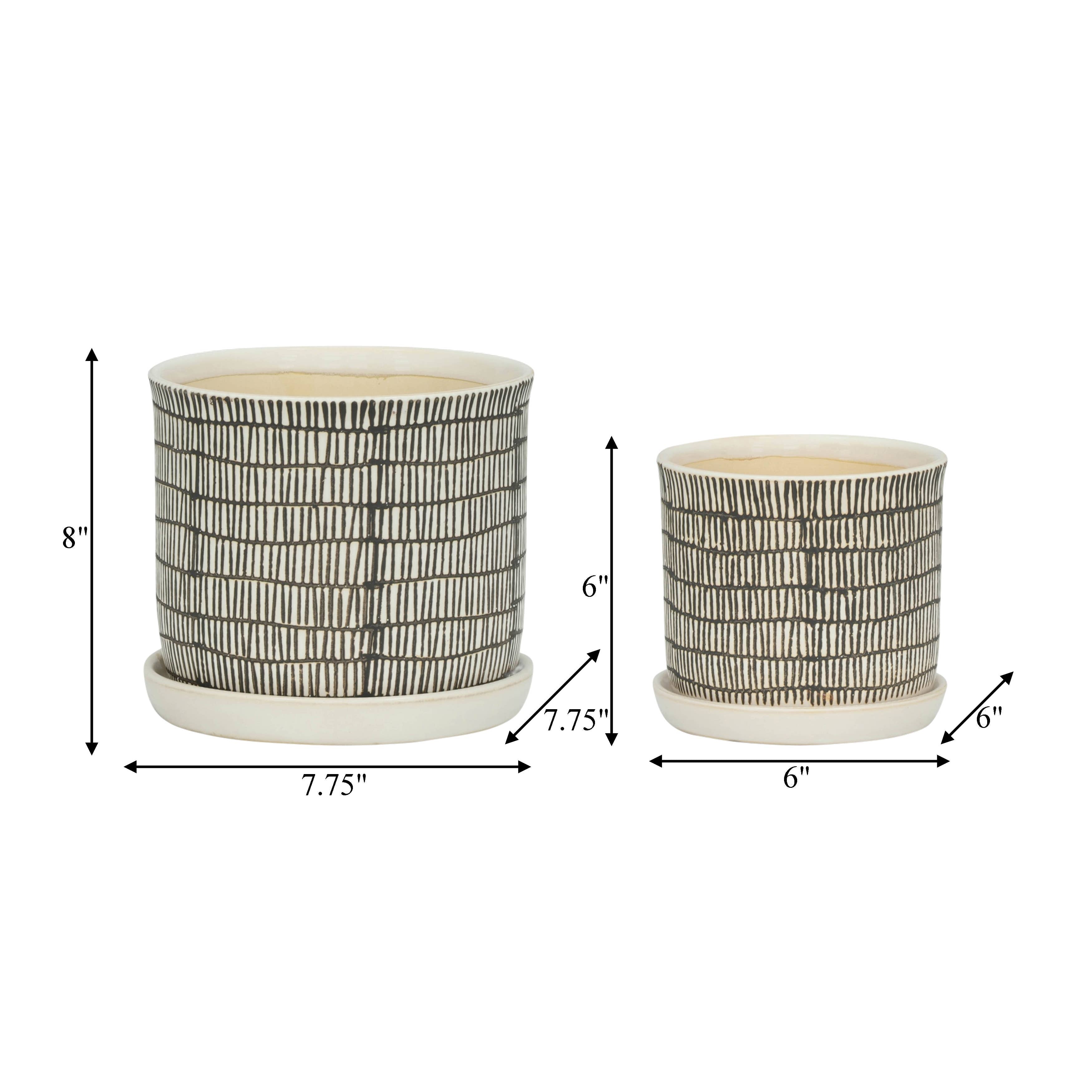 Ceramic Line Saucer Planter Pot Set of 2 - Beige, 6/8 in.