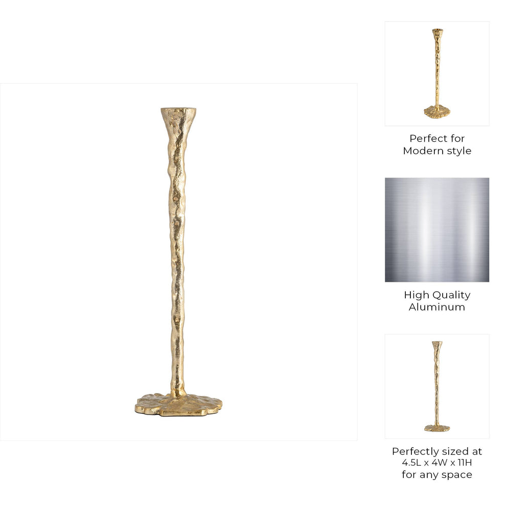 Metal Forged Taper Candle Holder with Base - Gold, 11 in.