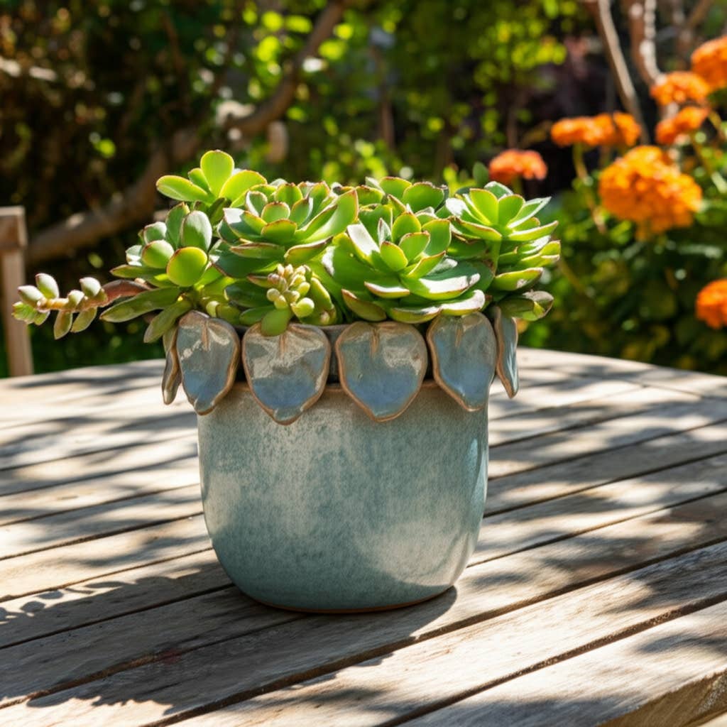Ceramic Handcrafted Leaf Applique Planter - Seafoam, 6 in.