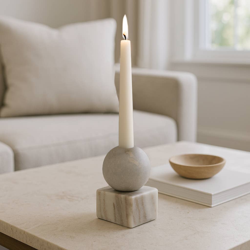 Marble Ball On Cube Taper Candle Holder - Gray, 5 in.