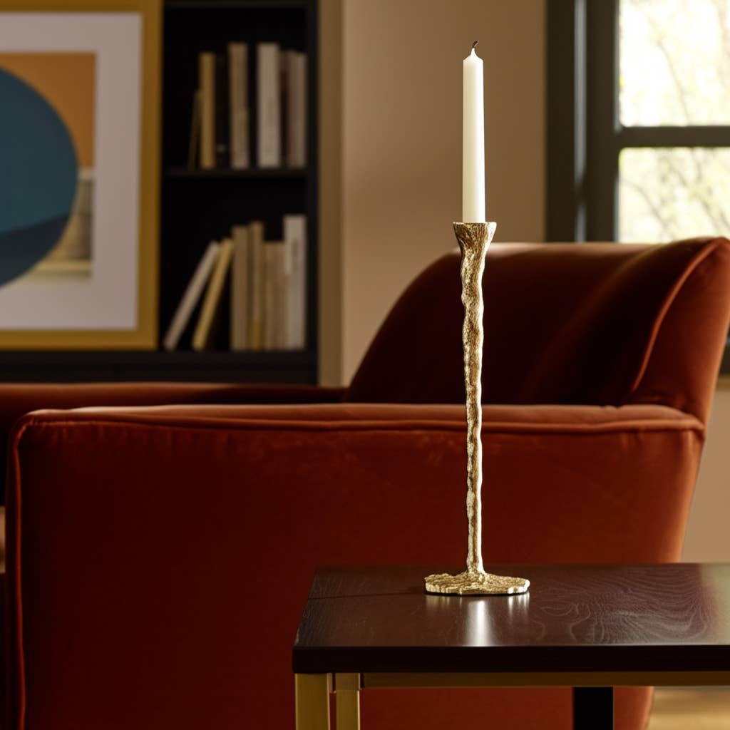 Metal Forged Taper Candle Holder with Base - Gold, 11 in.