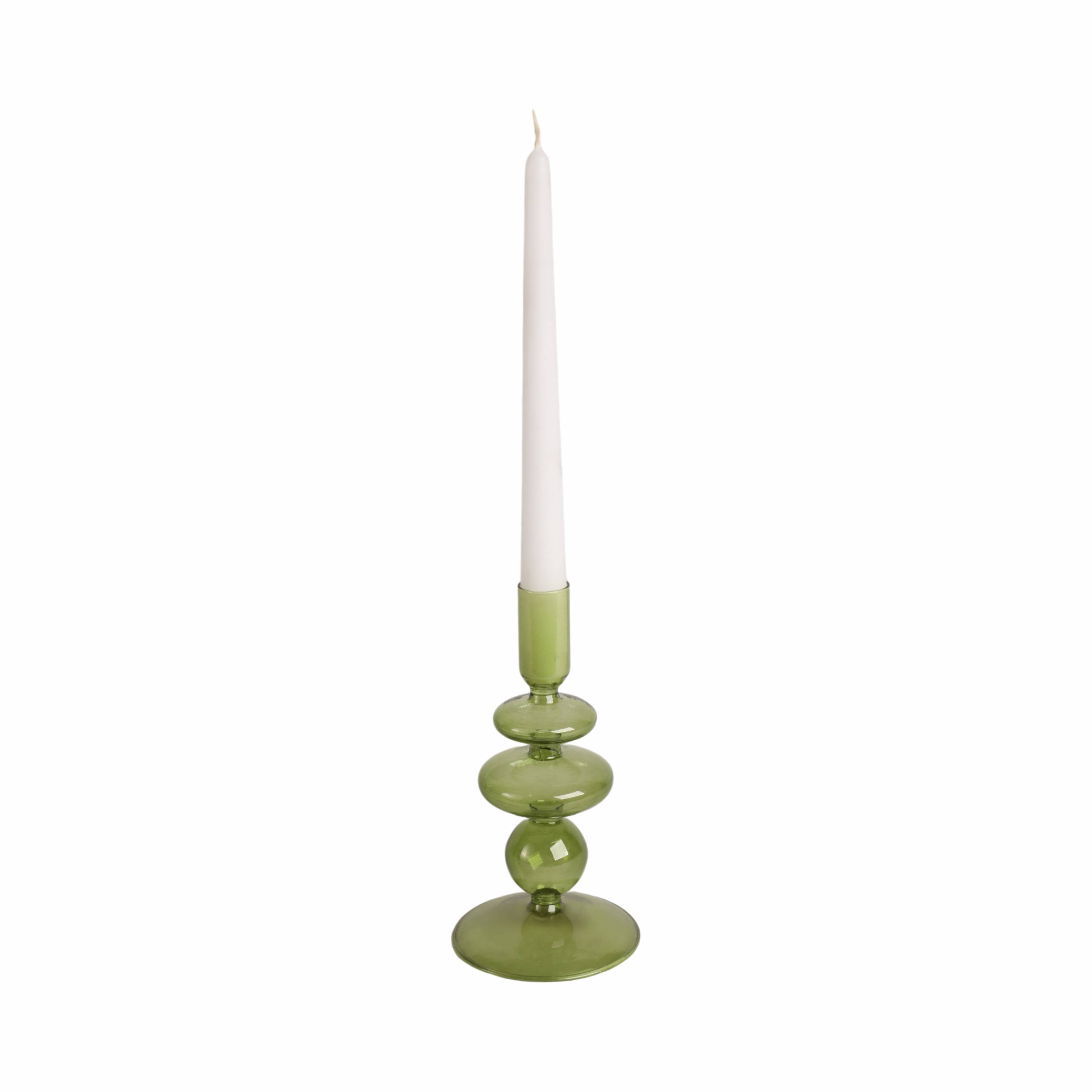 Glass Vintage Bubble Taper Candle Holder - Green, 7 in.