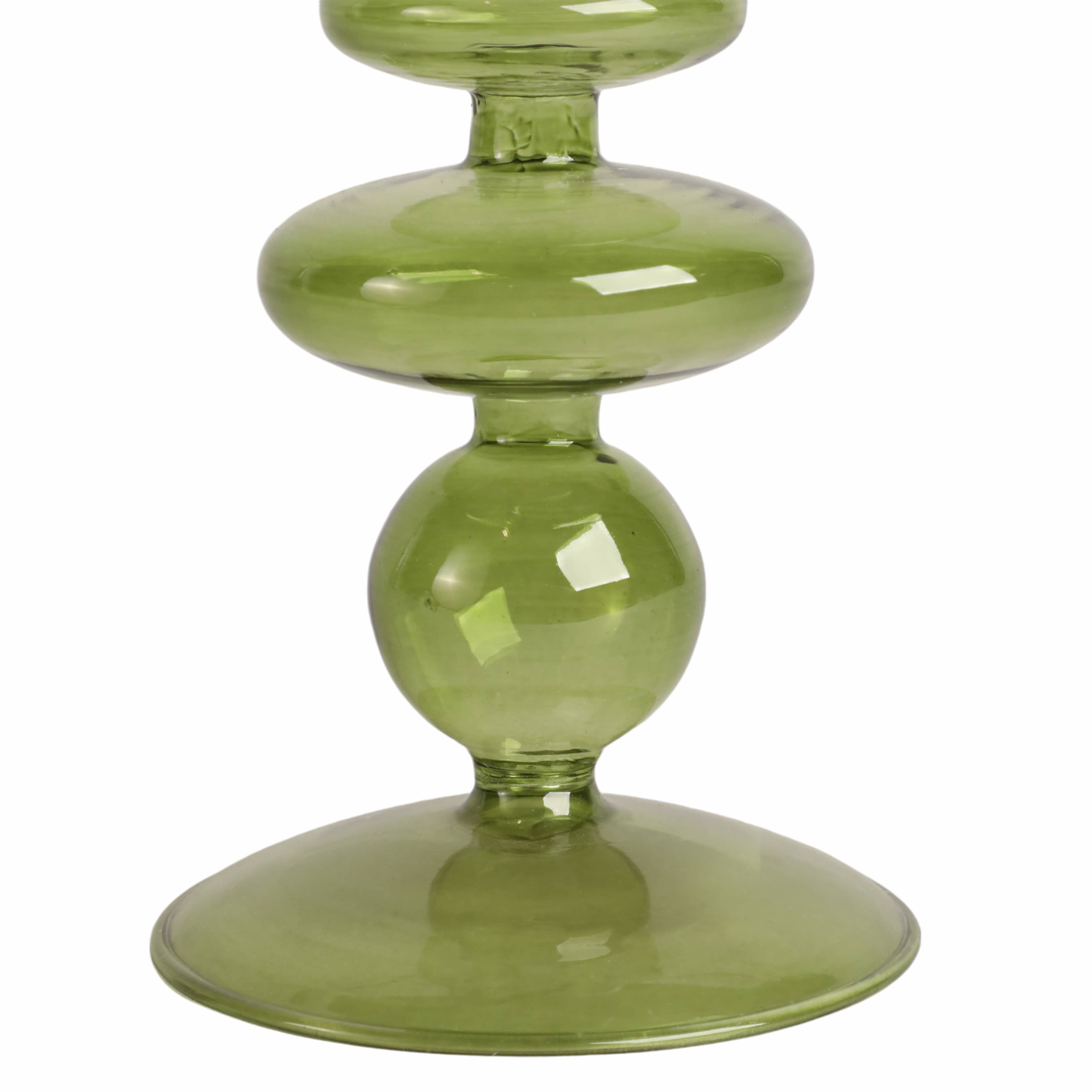 Glass Vintage Bubble Taper Candle Holder - Green, 7 in.