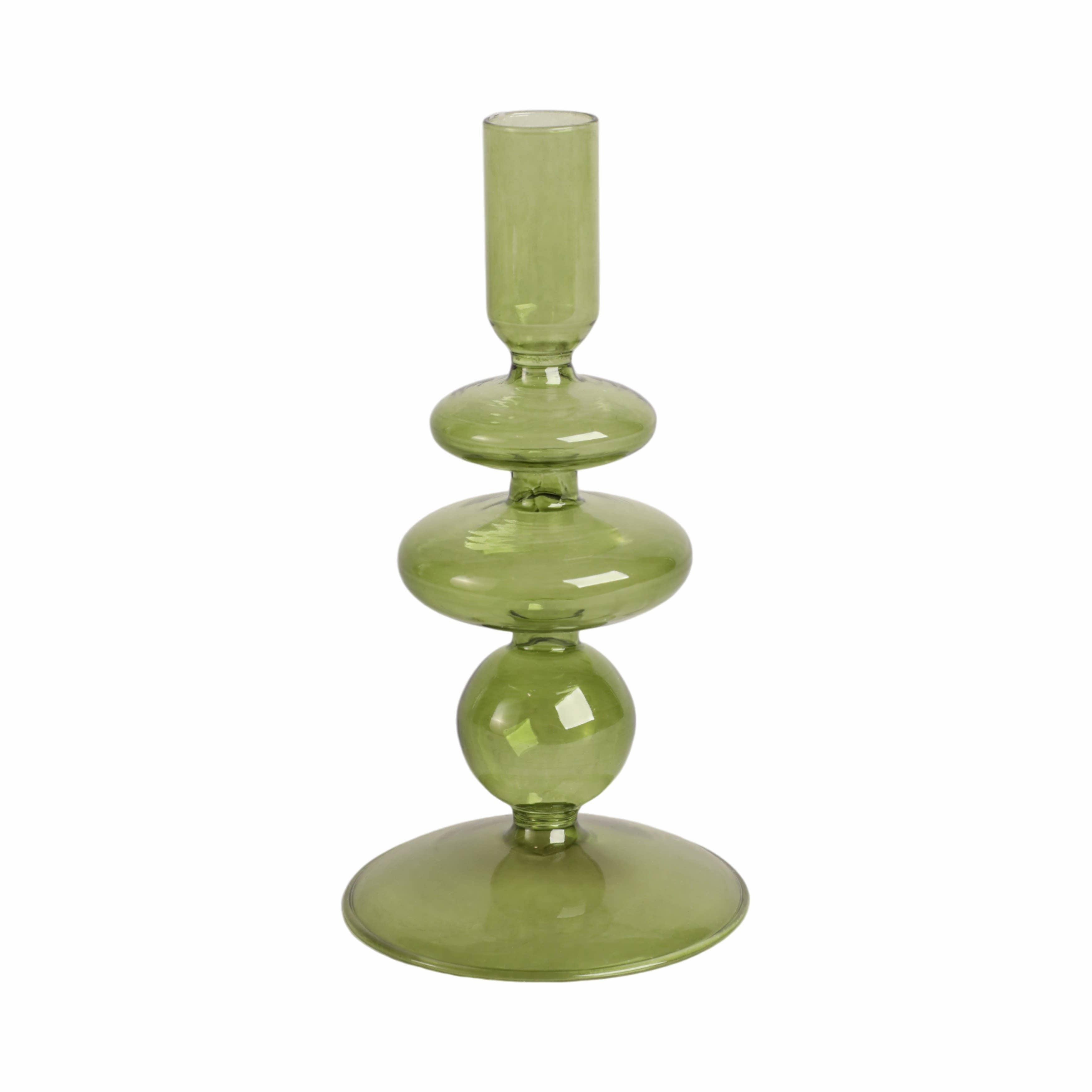Glass Vintage Bubble Taper Candle Holder - Green, 7 in.
