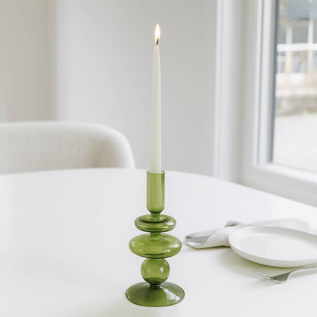 Glass Vintage Bubble Taper Candle Holder - Green, 7 in.