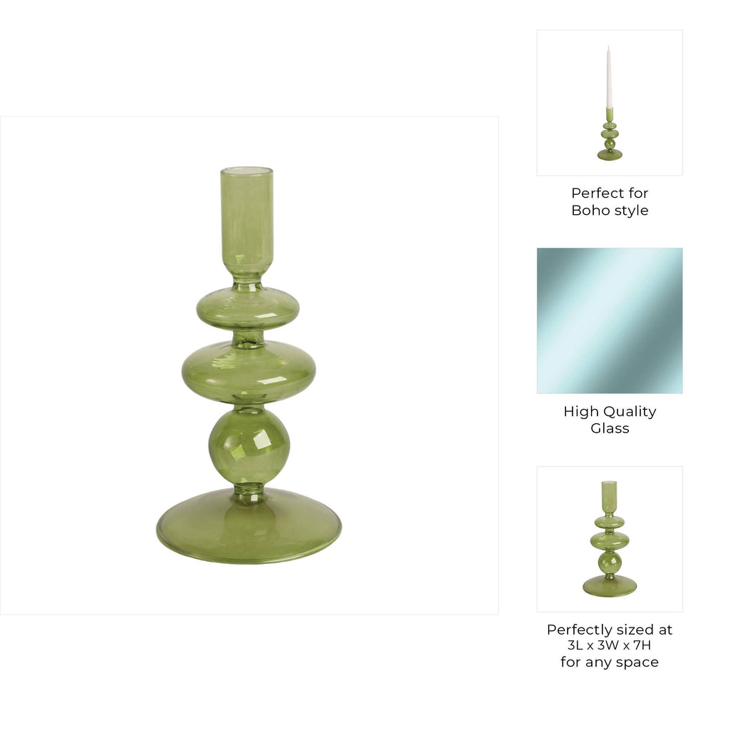 Glass Vintage Bubble Taper Candle Holder - Green, 7 in.